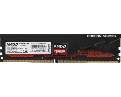 Оперативная память AMD 16GB DDR4 2666 DIMM R7 Performance Series Black Gaming Memory R7S416G2606U2S Non-ECC, CL16, 1.2V, Heat Shield, RTL