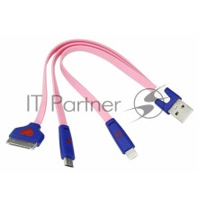 USB кабель 3 в 1 светящиеся разъемы для iPhone 5/4/microUSB шнур 0.15 м розовый
