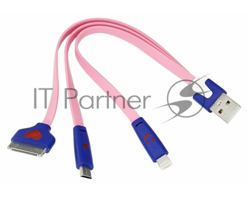 USB кабель 3 в 1 светящиеся разъемы для iPhone 5/4/microUSB шнур 0.15 м розовый