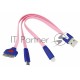USB кабель 3 в 1 светящиеся разъемы для iPhone 5/4/microUSB шнур 0.15 м розовый