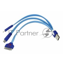 USB кабель 3 в 1 светящиеся разъемы для iPhone 5/4/microUSB шнур 0.15 м синий