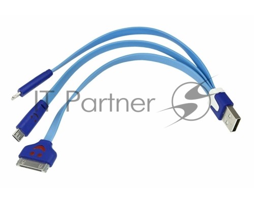 USB кабель 3 в 1 светящиеся разъемы для iPhone 5/4/microUSB шнур 0.15 м синий