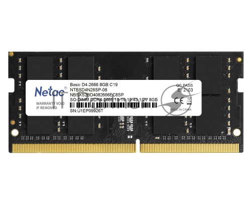 Оперативная память Netac 8GB DDR4 2666MHz SO-DIMM CL19 1.2V/NTBSD4N26SP-08 PC4-21300 CL19 SO-DIMM 260-pin single rank Ret