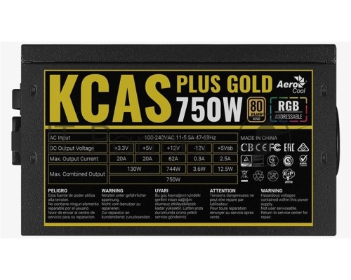 Блок питания Aerocool KCAS PLUS GOLD 750W <750W, ATX v2.4, APFC, Fan ARGB 12cm, 80+ Gold, Retail>