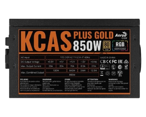 Блок питания Aerocool KCAS PLUS GOLD 850W <850W, ATX v2.4, APFC, Fan ARGB 12cm, 80+ Gold, Retail>