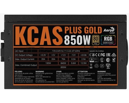 Блок питания Aerocool KCAS PLUS GOLD 850W <850W, ATX v2.4, APFC, Fan ARGB 12cm, 80+ Gold, Retail>