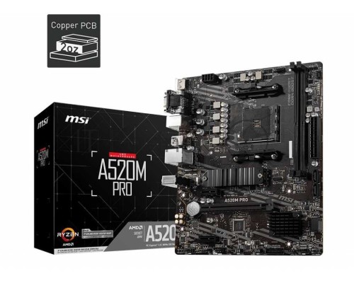 Материнская плата MSI A520M PRO, AM4, AMD A520, 2xDDR4, 4xSATA, 1xM.2, 1xPCI-E 3.0 x16, 1xDVI-D, 1xHDMI, 1x 1Gb LAN, 2xUSB 2.0, 4xUSB 3.2 Gen 1, 3x3.5 мм, 7.1, Micro-ATX