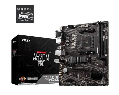 Материнская плата MSI A520M PRO, AM4, AMD A520, 2xDDR4, 4xSATA, 1xM.2, 1xPCI-E 3.0 x16, 1xDVI-D, 1xHDMI, 1x 1Gb LAN, 2xUSB 2.0, 4xUSB 3.2 Gen 1, 3x3.5 мм, 7.1, Micro-ATX