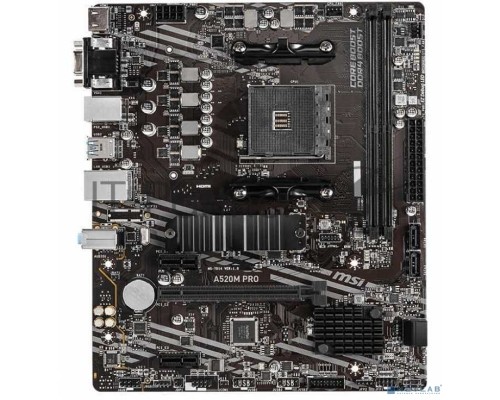 Материнская плата MSI A520M PRO, AM4, AMD A520, 2xDDR4, 4xSATA, 1xM.2, 1xPCI-E 3.0 x16, 1xDVI-D, 1xHDMI, 1x 1Gb LAN, 2xUSB 2.0, 4xUSB 3.2 Gen 1, 3x3.5 мм, 7.1, Micro-ATX