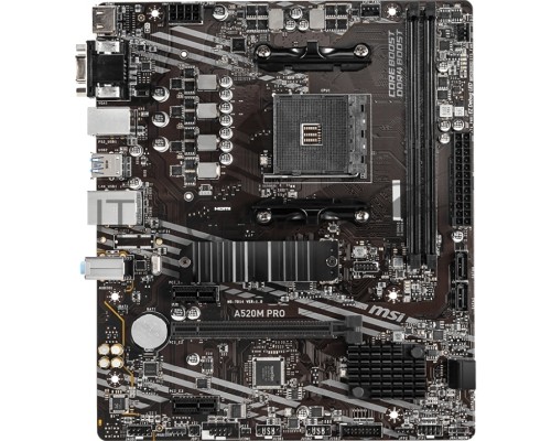 Материнская плата MSI A520M PRO, AM4, AMD A520, 2xDDR4, 4xSATA, 1xM.2, 1xPCI-E 3.0 x16, 1xDVI-D, 1xHDMI, 1x 1Gb LAN, 2xUSB 2.0, 4xUSB 3.2 Gen 1, 3x3.5 мм, 7.1, Micro-ATX
