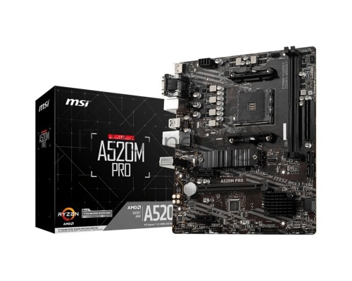 Материнская плата MSI A520M PRO, AM4, AMD A520, 2xDDR4, 4xSATA, 1xM.2, 1xPCI-E 3.0 x16, 1xDVI-D, 1xHDMI, 1x 1Gb LAN, 2xUSB 2.0, 4xUSB 3.2 Gen 1, 3x3.5 мм, 7.1, Micro-ATX