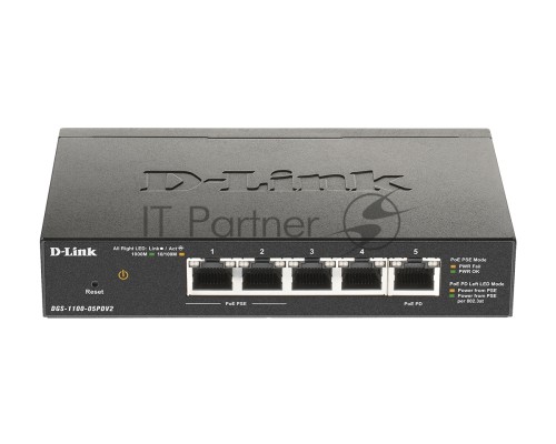 Коммутатор D-Link DGS-1100-05PDV2/A1A, L2 Smart Switch with 4 10/100/1000Base-T ports and 1 10/100/1000Base-T PD port(2 PoE ports 802.3af (15,4 W), PoE Budget 18W from 802.3at / 8W from 802.3af).2K Mac address,