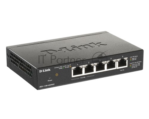 Коммутатор D-Link DGS-1100-05PDV2/A1A, L2 Smart Switch with 4 10/100/1000Base-T ports and 1 10/100/1000Base-T PD port(2 PoE ports 802.3af (15,4 W), PoE Budget 18W from 802.3at / 8W from 802.3af).2K Mac address,