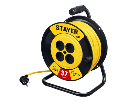 [Шпатели, мастерки, кельмы, терки, гладилки] Удлинитель силовой Stayer 55070-30, розеток 4шт, 2x2.5 кв.мм, 10A, 30м, ПВС, катушка, желтый
