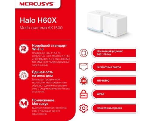[Mercusys] Mercusys Halo H60X(2-pack) AX1500 Домашняя Mesh Wi-Fi 6 система