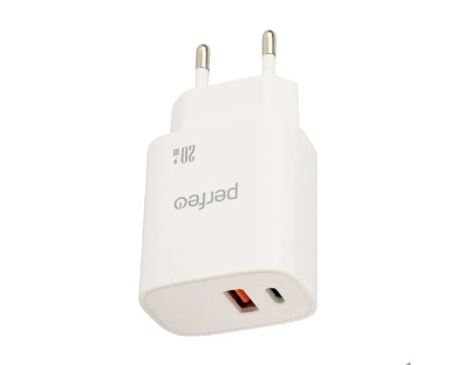 [Аксессуар] PERFEO Сетевое зарядное устройство с двумя разъемами USB-A+TYPE-C, 20W, белый (I4661)
