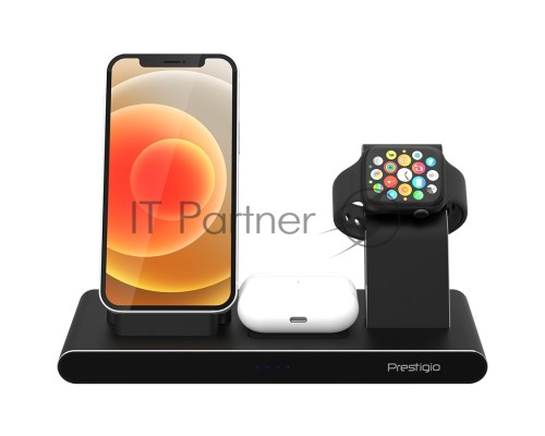 Беспроводная зарядная станция Prestigio ReVolt A7, 3-in-1 wireless charging station for iPhone, Apple Watch, AirPods, wilreless output for phone 7.5W/10W, wireless output for AirPods 5W, wireless output for Apple Watch 2.5W, material: aluminum+tempered g