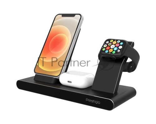 Беспроводная зарядная станция Prestigio ReVolt A7, 3-in-1 wireless charging station for iPhone, Apple Watch, AirPods, wilreless output for phone 7.5W/10W, wireless output for AirPods 5W, wireless output for Apple Watch 2.5W, material: aluminum+tempered g