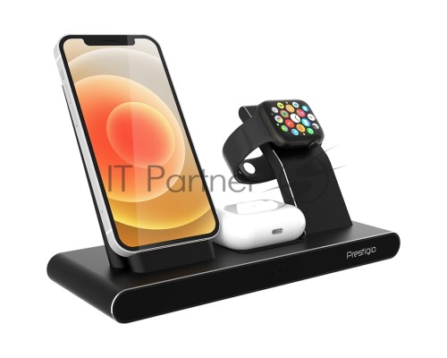 Беспроводная зарядная станция Prestigio ReVolt A7, 3-in-1 wireless charging station for iPhone, Apple Watch, AirPods, wilreless output for phone 7.5W/10W, wireless output for AirPods 5W, wireless output for Apple Watch 2.5W, material: aluminum+tempered g