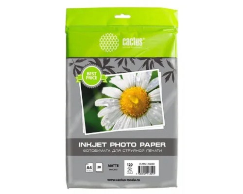 [расходные материалы] Фотобумага Cactus CS-MA412020ED, A4, для струйной печати, 20л, 120г/м2, белый, покрытие матовое