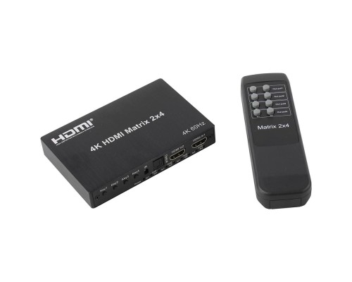 [переходник] ORIENT HSP0204HN-2.0, HDMI матричный переключатель/разветвитель 2->4 с аудиовыходами, UHD 4K/60Гц (3840x2160), HDR, HDMI 2.0, HDCP 2.2, пульт ДУ, внешний БП 5В/2A, метал.корпус (33266)