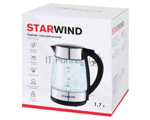 Чайник электрический Starwind SKG3026 1.7л. 2200Вт черный/серебристый (корпус: стекло)