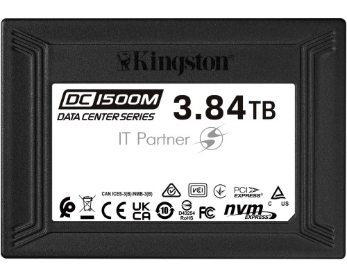 Твердотельный накопитель Kingston DC1500M, 3840GB, SSD, U.2, NVMe, PCIe 3.0 x4, 3D TLC, R/W 3100/2700MB/s, IOPs 480 000/210 000, 7000TBW, DWPD 1 (5 лет)