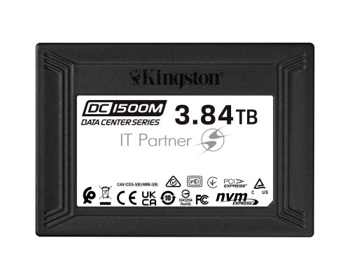 Твердотельный накопитель Kingston DC1500M, 3840GB, SSD, U.2, NVMe, PCIe 3.0 x4, 3D TLC, R/W 3100/2700MB/s, IOPs 480 000/210 000, 7000TBW, DWPD 1 (5 лет)