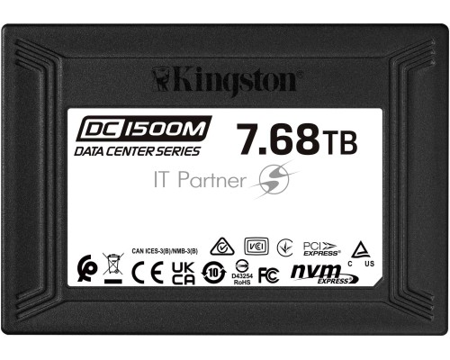 Твердотельный накопитель Kingston DC1500M, 7680GB, SSD, U.2, NVMe, PCIe 3.0 x4, 3D TLC, R/W 3100/2700MB/s, IOPs 420 000/200 000, 14020TBW, DWPD 1 (5 лет)