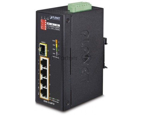 Индустриальный PoE коммутатор Planet ISW-514PTF для монтажа в DIN-рейку IP30 4-Port/TP + 1-Port Fiber(SFP) POE Industrial Fast Ethernet Switch (-40 to 75 C)