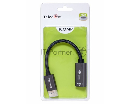 Кабель-переходник DP --> HDMI-F 0.2m , серый металлик, оплетка, 4K@60Hz, Telecom (TA560)