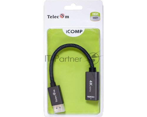 Кабель-переходник DP --> HDMI-F 0.2m , серый металлик, оплетка, 4K@60Hz, Telecom (TA560)