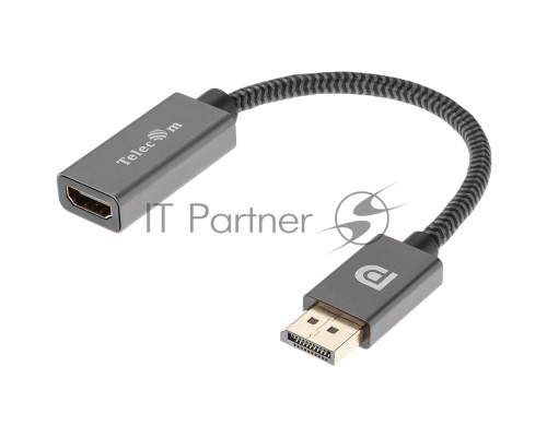 Кабель-переходник DP --> HDMI-F 0.2m , серый металлик, оплетка, 4K@60Hz, Telecom (TA560)