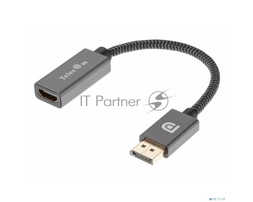 Кабель-переходник DP --> HDMI-F 0.2m , серый металлик, оплетка, 4K@60Hz, Telecom (TA560)
