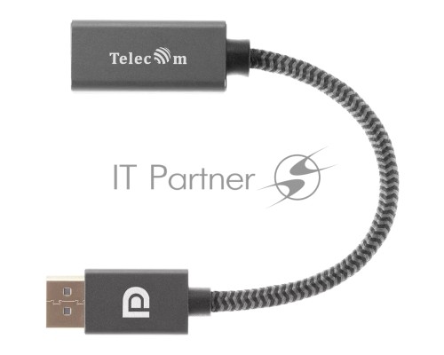 Кабель-переходник DP --> HDMI-F 0.2m , серый металлик, оплетка, 4K@60Hz, Telecom (TA560)
