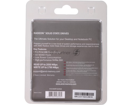 Накопитель SSD M.2 2280 1024GB AMD Radeon R5 Client SSD R5MP1024G8 PCIe Gen3x4 with NVMe, 3D TLC, RTL (183481)