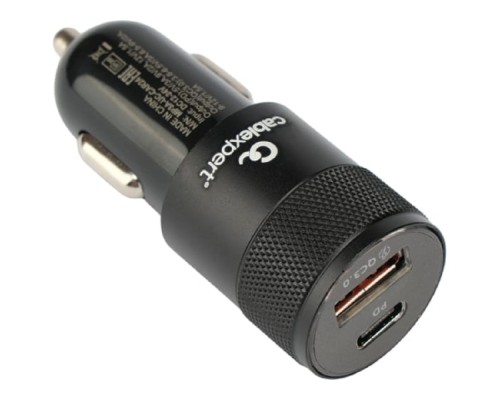 [Аксессуар] Cablexpert Автомобильное зарядное устройство 38Вт, 3А, QC3.0/PD, 1xUSB, 1xType-C, черный, пакет (MP3A-UC-CAR24)