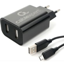 Cablexpert Зарядное устройство 12Вт, 2.4А, 2xUSB, кабель Micro USB 1м, черный, коробка-блистер (MP3A-PC-35)