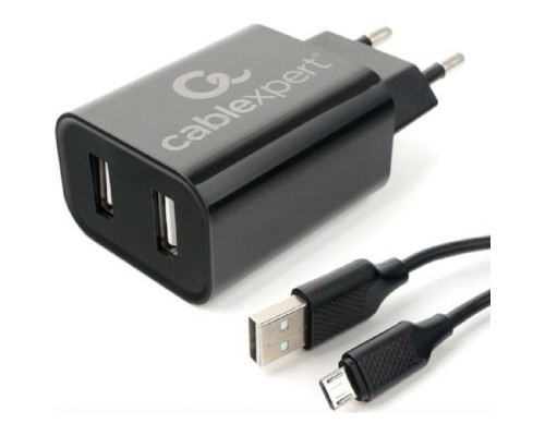 [Аксессуар] Cablexpert Зарядное устройство 12Вт, 2.4А, 2xUSB, кабель Micro USB 1м, черный, коробка-блистер (MP3A-PC-35)