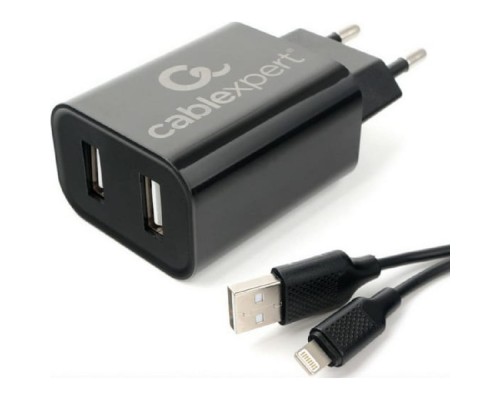 [Аксессуар] Cablexpert  Зарядное устройство 12Вт, 2.4А, 2xUSB, кабель Lightning 1м, черный, коробка-блистер (MP3A-PC-36)