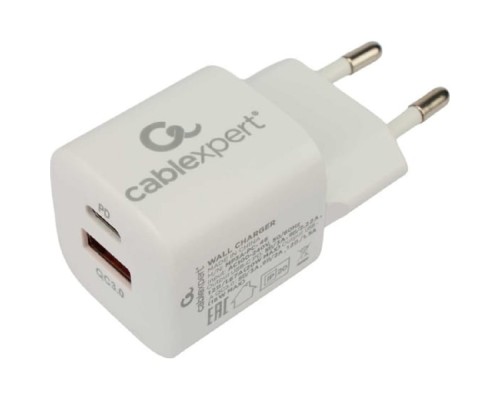 [Аксессуар] Cablexpert Зарядное устройство 20Вт, 3А, QC3.0/PD, 1xUSB, 1xType-C, белый, пакет (MP3A-PC-46)