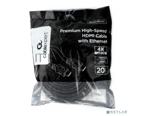 Кабель HDMI Cablexpert CC-HDMI4L-20M, 20м, v2.0, 19M/19M, серия Light, черный, позол.разъемы, экран, пакет