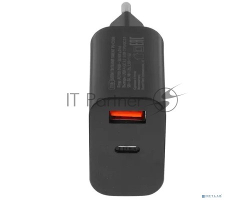 Сетевое зарядное устройство ORIENT PU-C20W с функцией быстрой зарядки, мощность 20Вт, Quick Charge 3.0+Power Delivery, выходы: USB-A + Type-C, DC 5/9/12/15/20В, цвет черный (31126)