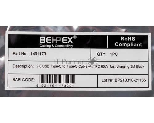 Кабель Power Delivery 60W USB Type-C (m)-USB Type-C (m) 2м черный