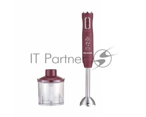 Блендер погружной Willmark WHB-1250PS (500Вт,рег.скор,турбо режим,Soft touch, измельчитель,бордовый)