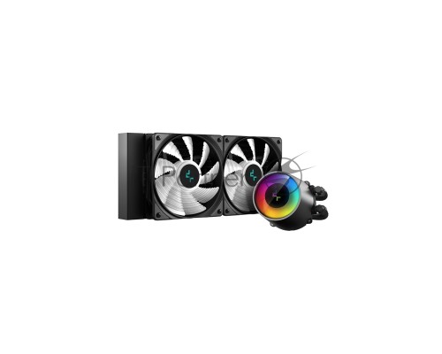 Водяное охлаждение DeepCool Castle 240 RGB V2 для процессора, СВО, Socket 115x/1200, 1356, 1366, 2011, 2011-3, 2066, AM2, AM2+, AM3, AM3+, AM4, FM1, FM2, FM2+, TR4, sTRX4, SP3, 2x120 мм, 500-1800 об/мин, TDP 250 Вт, разноцветная подсветка