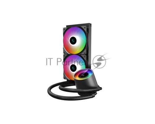 Водяное охлаждение DeepCool Castle 240 RGB V2 для процессора, СВО, Socket 115x/1200, 1356, 1366, 2011, 2011-3, 2066, AM2, AM2+, AM3, AM3+, AM4, FM1, FM2, FM2+, TR4, sTRX4, SP3, 2x120 мм, 500-1800 об/мин, TDP 250 Вт, разноцветная подсветка