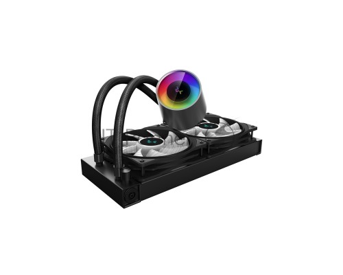 Водяное охлаждение DeepCool Castle 240 RGB V2 для процессора, СВО, Socket 115x/1200, 1356, 1366, 2011, 2011-3, 2066, AM2, AM2+, AM3, AM3+, AM4, FM1, FM2, FM2+, TR4, sTRX4, SP3, 2x120 мм, 500-1800 об/мин, TDP 250 Вт, разноцветная подсветка