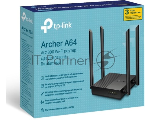 Роутер TP-Link Archer A64 AC1300 Wi-Fi роутер с MU-MIMO. RouterSPEED: 400 Mbps at 2.4GHz + 867Mbps at 5GHz SPEC: 4×Antennas, 1×Gigabit WAN Port + 4×Gigabit LAN Ports FEATURE: Tether App, WPA3, Access Point Mode, IPv6 Supported, IPTV, Beamforming, Smart C