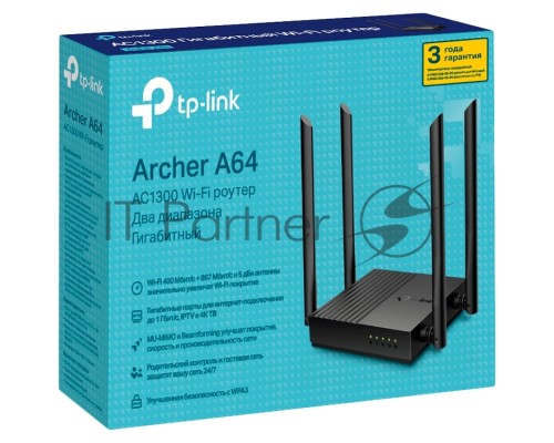 Роутер TP-Link Archer A64 AC1300 Wi-Fi роутер с MU-MIMO. RouterSPEED: 400 Mbps at 2.4GHz + 867Mbps at 5GHz SPEC: 4×Antennas, 1×Gigabit WAN Port + 4×Gigabit LAN Ports FEATURE: Tether App, WPA3, Access Point Mode, IPv6 Supported, IPTV, Beamforming, Smart C